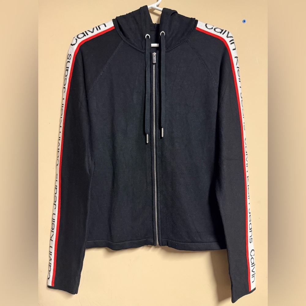 Calvin Klein Black Zip-Up Hoodie with Red and White Stripes